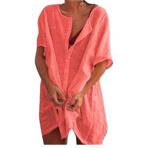 Badpak voor dames, zee, sexy strandjurk, strandjurk, strandhemd, lange blouse van katoenen linnen, casual strandjurk in modieuze kleur (rood, L)