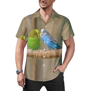 Parkieten Liefde-vogels papegaaien op tak mannen casual button-down shirts korte mouw Cubaanse kraag T-shirts tops Hawaiiaans T-shirt 2XL