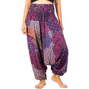 Lofbaz Jumpsuit harembroek voor dames, smocked pauw, pauw 2, violet, XXL
