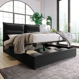 VSOGA Hydraulisch gestoffeerd bed, tweepersoonsbed, 140 x 200 cm, verstelbaar hoofdeinde, fluweel, modern bedframe met metalen frame, grote opbergruimte, zwart (zonder matras)