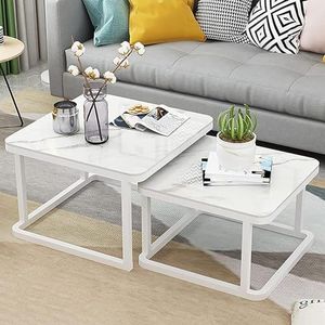 Moderne kamer koffietafel Nesting Salontafel Set van 2 Stapelbare bijzettafels Marmer Effect Glad Gehard Glas Tafelblad voor Woonkamer, Metalen Sofa Tafels (Kleur: Zwart Frame (Kleur: Wit Fr