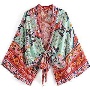 Vintage Bloemenprint Sjerpen Korte Kimono Vrouwen Blouses V-hals Batwing Mouwen Bohemian Cover-Up, Groen, L