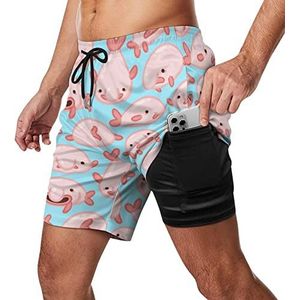 Blob Fish Blobfish Zwembroek voor heren, sneldrogend, 2-in-1 strandsportshorts met compressieliner en zak