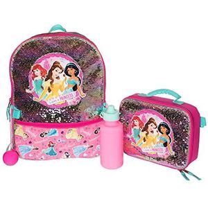 Disney Meisjes & kleuterschool 4-delige rugzakset, flip pailletten 16 inch schooltas met voorvak met ritssluiting, Roze Prinses, Large, Princess 4-delige rugzakset