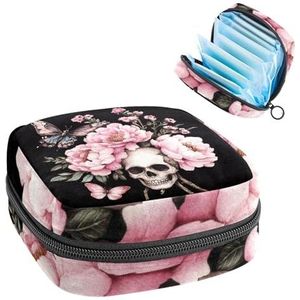 1 x maandverband, opbergtas, grote maandverband, organizer, herbruikbare eerste menstruatietas voor meisjes, dames, 17 x 17 x 12 cm, aquarel schedel en roze pioenvlinder
