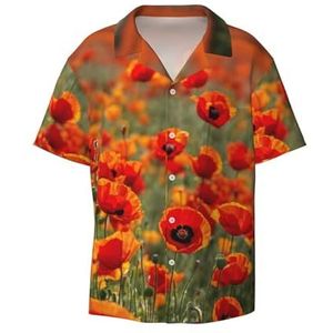 EdWal Poppy Bloemen Print Heren Korte Mouw Button Down Shirts Casual Losse Fit Zomer Strand Shirts Heren Jurk Shirts, Zwart, M