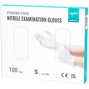 EUROPAPA® 100 x nitrilhandschoenen, wit, box, wegwerphandschoenen, onderzoekshandschoenen, nitril handschoenen, poedervrij, zonder latex, niet-steriel, latexvrij, wegwerphandschoenen (S, Wit)