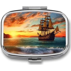 Piratenschip in de zonsondergang pillenorganisator, vierkant medicijndoosje met spiegel, dagelijkse pillendozen voor portemonnee, mini-medicijnopslag, containerdoos, compacte pillenhouder voor