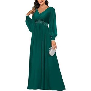 KIYNE Damesjurk met lange mouwen voor moeder van de bruid met kanten applicatie, V-hals, chiffon, formele feestjurk, Turkoois, 32