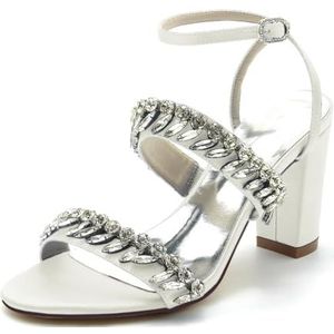 GHSIRUEU Strass Hakken voor Vrouwen Chunky Hoge Hak Jurk Sandalen Open Toe Enkelband Prom Bruiloft Avondfeest Pompen Schoenen,ivoor,36 EU