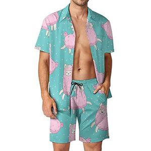 Roze lama alpaca heren 2 stuks Hawaiiaanse sets losse pasvorm korte mouwen shirts en shorts strand outfits M
