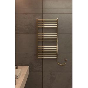 Elna Design Handdoekradiator, goud, 238 W, 1005 x 530 mm, elektrisch met legplank, voor interieur en architectuur, roestvrij staal, met thermostaat, timer en eco, IP44, wandmontage