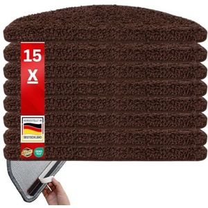 Floordirekt - Shaggy - Trapmatten - Donkerbruin - Set van 15 stuks - Halfrond 65 x 23,5 cm