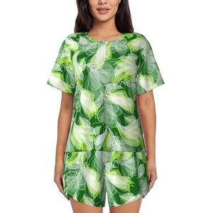 Groene bladprint dames zomer zachte tweedelige bijpassende outfits korte mouw pyjama lounge pyjama sets, Zwart, XXL