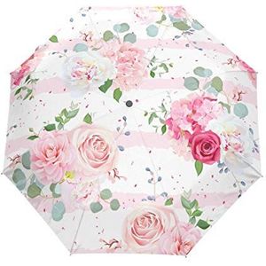 Jeansame Roze Gestreepte Rose Orchidee Bloem Vouwen Compacte Paraplu Automatische Regen Paraplu's voor Vrouwen Mannen Kid Jongen Meisje