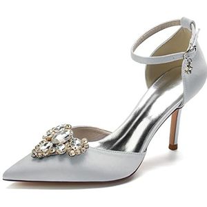 EICOFF Vrouwen Strass Bruiloft Schoenen Stiletto Hoge Hakken Gesloten Neus Bruid Pumps Enkelsluiting Avondfeest Jurk Schoenen,Zilver,35 EU