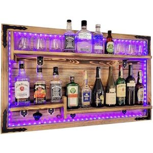 weeco Bruin hangend rek aan de muur gemonteerde RGB LED-verlichting 112 x 72 x 2 wengé aan de muur te monteren, alcoholbuffet, hangende barstandaard, gin, whiskey, wodka, handgemaakte staande pub