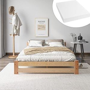 VSOGA Solide massief houten futonbed van natuurlijk hout met hoofdeinde en lattenbodem, naturel (200 x 140 cm) (met matrassen)