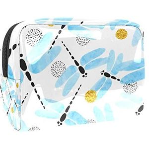 Draagbare make-up tas met rits reizen toilettas voor vrouwen handige opslag cosmetische zakje blauw aquarel libelle patroon