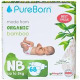 PureBorn Eco Organic Bamboe Luiers, Maat Newborn <5 kg, 68 Luiers, Hypoallergeen, Ultrazacht, Milieuvriendelijk, Assorti Print, Natheidsindicator