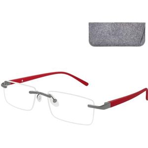 Randloze bril met blauwlichtfilter, rechthoekige glazen, roestvrijstalen frame, lichte en stijlvolle blauwlichtfilter, leeshulp voor dames en heren, met etui, rood, 2.5