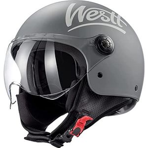Westt Jethelm voor heren en dames, met vizier, scooter, chopper, bromfiets, retro, piloten, halve motorhelmen, met ECE 22.06-gecertificeerd, grijs, XL (60-61 cm)