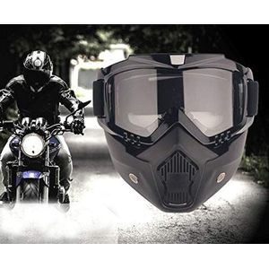 Motorbrilmasker met afneembaar masker, motorcrossmasker voor motorfietsen met afneembare bril en mondfilter voor vintage helmen (zwart montuur, grijze glazen)