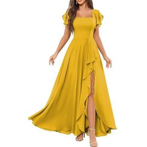 Chiffon galajurken met spleetplooien, bruidsmeisjesjurken voor bruiloft, cocktailjurk, grote maten, Mosterd Geel, 32