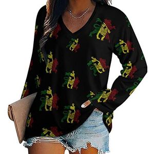 Rasta Lion - One Love dames lange mouwen V-hals T-shirts herfst tops pullover tuniek T-shirt voor leggings