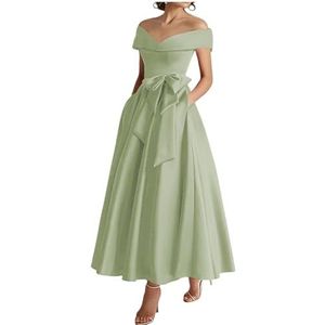 WSEYU Off Shoulder Moeder van De Bruid Bruidegom Jurken Satijn Boog Formele Avond Grootmoeder Jurken Thee Lengte ZM289, Erwt Groen, 38