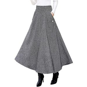 Ylingjun Warme Lange Wollen Rok Voor Vrouwen Winter Herfst Elastische Hoge Taille A-lijn Uitlopende Geplooide Wollen Rokken, Zwart Wit, XXL