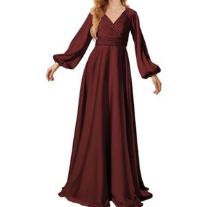 Prinses Bruidsmeisje Jurken Lange Mouw Galajurken V-hals Satijn Formele Avondfeest Maxi Jurk ZM199, Bordeaux, 32