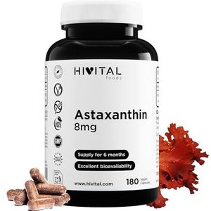Astaxanthine 8 mg. 180 veganistische capsules voor 6 maanden behandeling. Uit 160 mg Natuurlijke Haematococcus Pluvialis Algen met 5% Astaxanthine. Gefabriceerd in Europa door HIVITAL