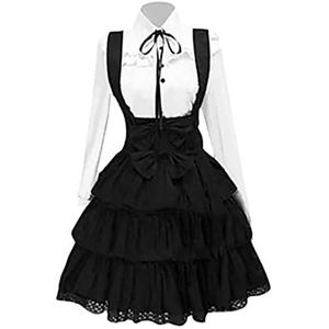 MENGQING Dames Lolita Jurk Vintage Gothic Jurk Vrouwen Outfits Cosplay Meisje Zwart Lange Mouw Knielengte Shirt Jurk - Zwart, 5XL