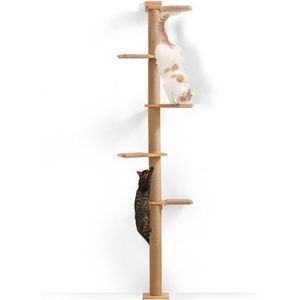FUKUMARU Hoge kattenboom, 5 niveaus, kattentoren van vloer tot plafond, aan de muur te monteren kattenkrabpaal, simulatie van buitenleven, geschikt voor katten, klimmen, krabben, uitkijken en spelen