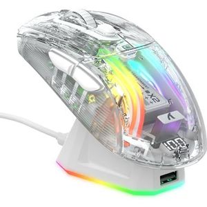 ATTACK SHARK X2 Pro Draadloze Gaming Mouse met Laadstation, Stille Bluetooth Muis, RGB Ergonomische Muis 4000DPI, Tri-modus (BT5.0/2.4G/Bedrade), PixArt 3212 Sensor, Transparante Schaal, PC/Mac, Wit