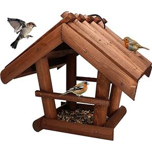 KOTARBAU® Houten vogelvoederhuisje, klein, van natuurlijk hout, donkerbruin om op te hangen, inclusief 0,5 kg voer gratis