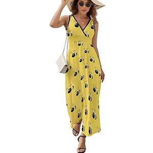Flying Yellow Bees Maxi lange jurk voor dames, V-hals, mouwloos, tank, zonnejurk, zomer