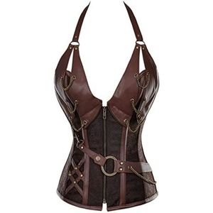 WEITING Nieuwe Vrouwen Mode Zwart Brokaat Steampunk Corset Faux Lederen Lace Up Uitbeend Met Kettingen Gothic Overbuste Corsets-Auburn, S