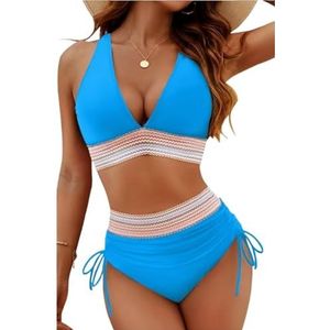 Bikinisets met hoge taille for dames, tweedelig badpak met trekkoord, badpakken met buikcorrectie, badpakken for op het strand(Blauw,4XL)
