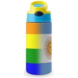 LGBT Pride Argentinië Vlag 350 ml waterfles met rietje, koffiebeker, waterbeker, roestvrijstalen reismok voor dames en heren, blauwe stijl