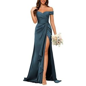 KURFACE Satijnen baljurken met split voor dames, mouwloos, lange formele avondjurk, Turkoois, 36