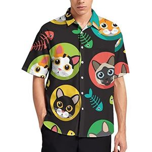 Katten en visgraat Hawaiiaans shirt voor heren, zomer, strand, casual, korte mouwen, button-down shirts met zak