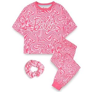 Barbie Meisjes Pyjama Set | Childrens golvende all-over print roze korte mouw lange been grafische pyjama's bundel met Scrunchie | Doll Toy Kleding Complete Bijpassende Nachtkleding Set