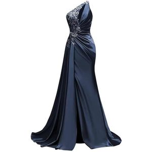 KIYNE Satijnen baljurk met één schouder en split zonder mouwen, zeemeermin, formele feestjurk, lange afstudeerjurk, Donkerblauw, 46 grote maten