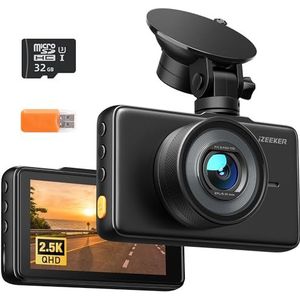 iZEEKER 2,5K dashcam, 1440P QHD-autocamera met gratis 32 GB kaart, 3 inch IPS-display, nachtzicht, WDR, 170° brede hoek, lusopname, G-sensor noodopname, 24-uurs parkeermodus, type C
