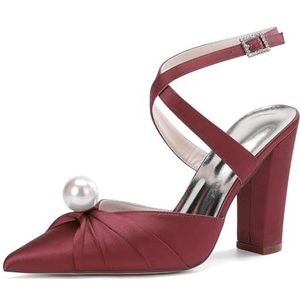 KYEGLO Dames Sandalen Met Spitse Neus En Bandjes, Grote Parel, Gesloten Neus, Satijn, Dikke Hak - Sexy Stijl, Perfect Voor Bruiloften En Bruidsfeesten,Burgundy,36 EU