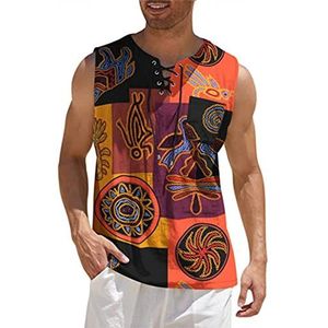 Mannen Katoen Linnen Shirt Lace Up Tank Top Mouwloos T-shirt Etnische Stijl Gedrukt Vest Casual Yoga Strand Tops, # 1, XXL