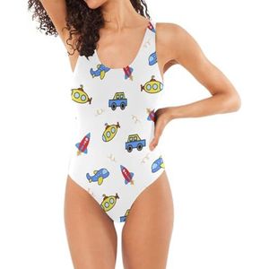LI ZHI XIN Dames eendelig badpak dames badmode badpakken dames buikcontrole zwemkostuums, U-hals en rug vliegtuigen auto's cartoon patronen, Meerkleurig, S