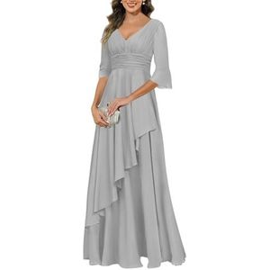 KIYNE Jurken voor dames, V-hals, moeder van de bruid met mouwen, geplooide ruches chiffon formele avondjurk, Zilver, 34